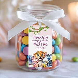 Étiquettes modifiables de faveur animaux de safari roses, étiquettes cadeaux fille animaux de safari, fête animaux fille merci d&#39;être venu, faveur animaux rose 1613FT2