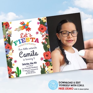 Mexican Girl birthday invitation with photo, DIY Mexican Girl Fiesta invitation, Let’s fiesta Girl party invitw, Mexican girl party. 1275A