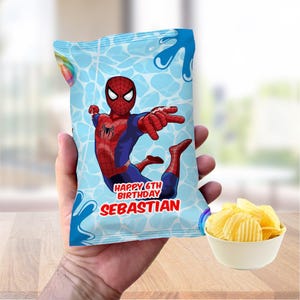 Bearbeitbare Spiderman Pool Party Chip Beutel Wrapper, Spiderman Geburtstag Snack Wrapper, anpassbare Spiderman Splash Party Snack Tasche 1661CB