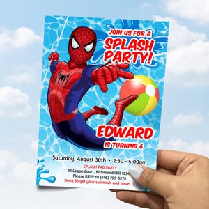 Spiderman Splash birthday Party Invitation, Customized Spiderman Splash invitation, Editable Spider-man Splash pad party template. 1662