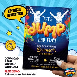 Editable Jump Party Invitation, DIY Jump template invitation, Trampoline invitation, Trampoline party, Bounce party invitation. 1194