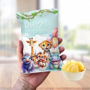 Editable Safari Animals Chip Bag, Chip bag themed animals, Safari Animals Chip bag wrapper, Animals Party snacks wrappers. 1612CB