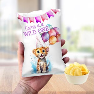 Editable She is a Wild One Chip Bag, Chip bag themed Girl Leopard, animals Girl Wild One Chip bag wrapper, Animals Wild One Pink chip 1620CB