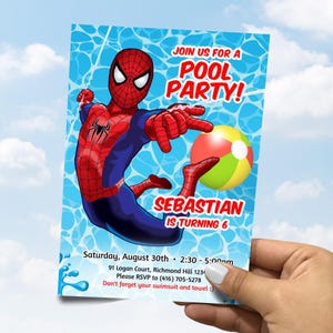 Spiderman Pool Party Invitation, Customized Spiderman Splash party Invite, Spider-man pool themed, Editable Spider-man party template. 1661