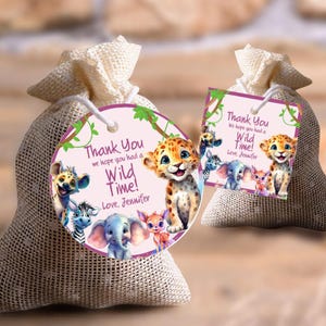 Editable Pink Safari Animals Favor Tags, Safari Animals Pink Gifts tags, Animals Pink Circle Tags, Animals Square pink tags. 1613FT