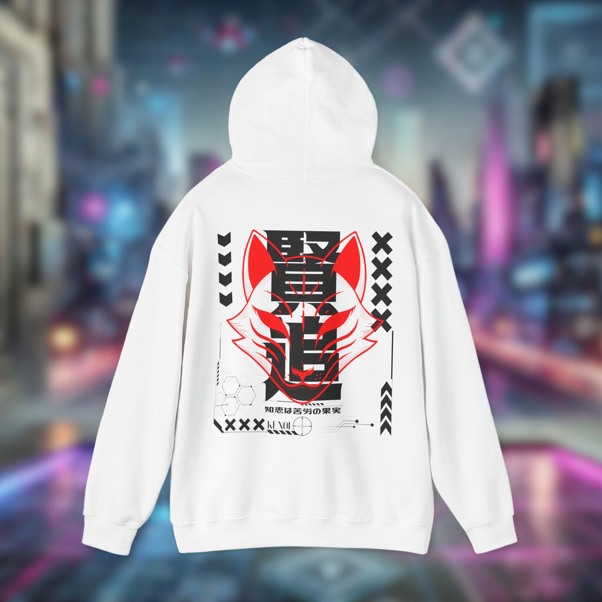 Cyberwolf Kitsune Techwear Hoodie KENOI, Futuristic Neon