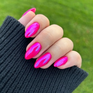 Hot Pink chrome nails - pink nails with blue chrome - sheer pink press on nails - luxury press on nails - gel x nails - gel press on nails