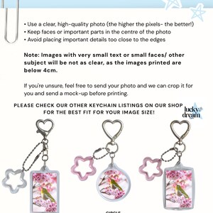 May include: An informational graphic titled TIPS FOR BEST RESULTS with instructions for photo quality, centering, and cropping. Below, three silver heart-shaped keychains are displayed with pink star charms, featuring a bird on cherry blossoms.