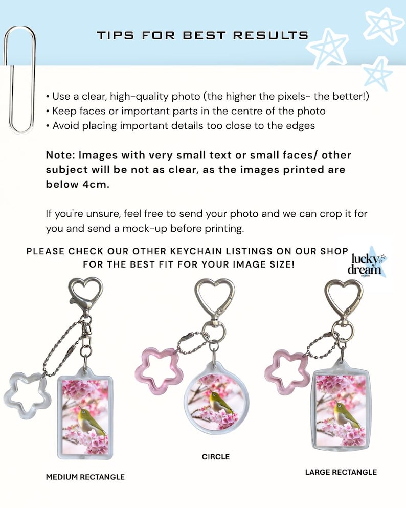 May include: An informational graphic titled TIPS FOR BEST RESULTS with instructions for photo quality, centering, and cropping. Below, three silver heart-shaped keychains are displayed with pink star charms, featuring a bird on cherry blossoms.