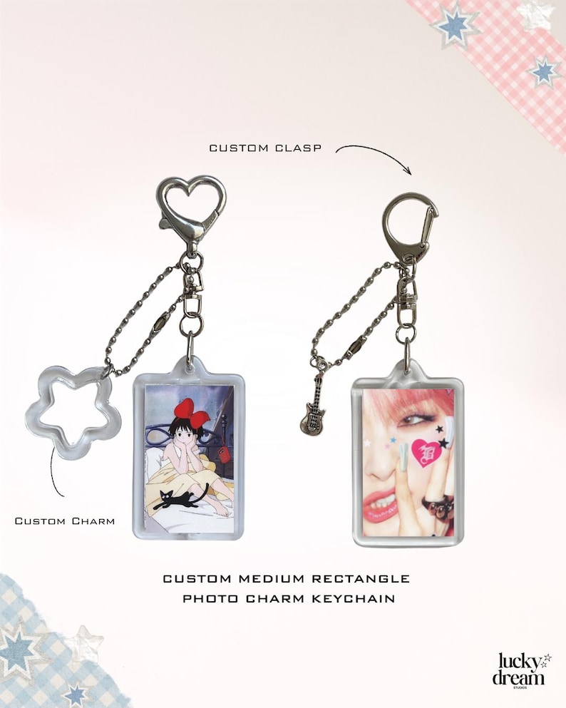 May include: Two custom photo charm keychains. One features a heart-shaped clasp and a star-shaped charm, the other a guitar charm. Both have rectangular photo inserts. Text on the image reads: "CUSTOM CLASP", "CUSTOM CHARM", "CUSTOM MEDIUM RECTANGLE PHOTO CHARM KEYCHAIN", and "lucky dream".