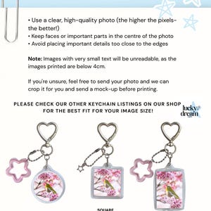 May include: Image shows three keychains with different shapes: circle, square, and large rectangle. Each keychain has a silver heart-shaped clasp and a charm. The charms are pink stars. The keychains feature a photo of a bird on a flowering branch.