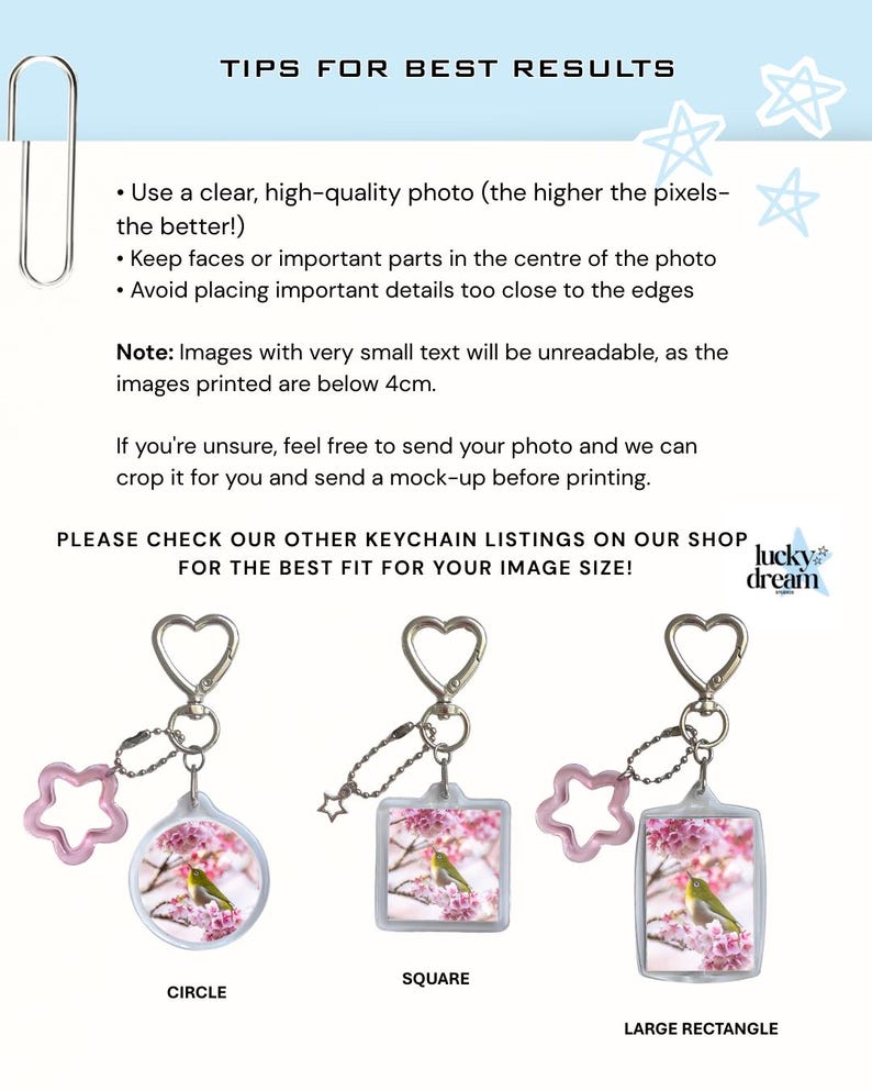 May include: Image shows three keychains with different shapes: circle, square, and large rectangle. Each keychain has a silver heart-shaped clasp and a charm. The charms are pink stars. The keychains feature a photo of a bird on a flowering branch.