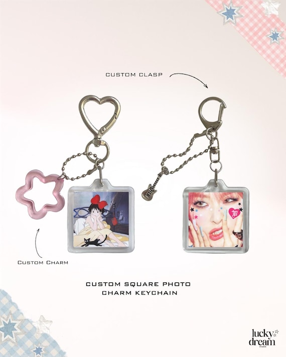 Custom Square Photo Keychain, Personalised Photo Charm Keyring