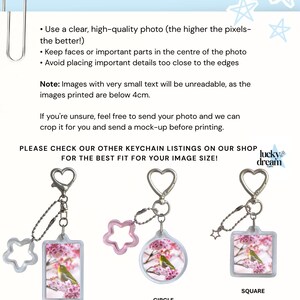 May include: An informational graphic titled TIPS FOR BEST RESULTS with instructions for photo quality, followed by three keychains featuring a bird on cherry blossoms in medium rectangle, circle, and square shapes with heart-shaped clasps.