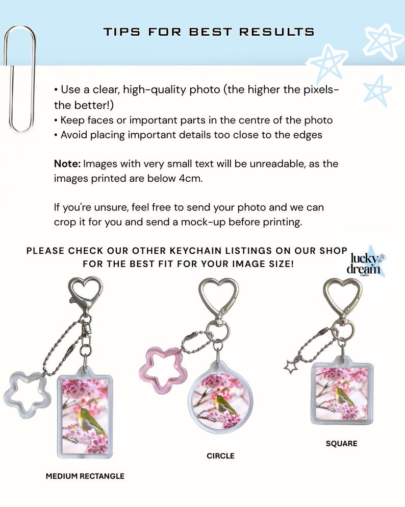 May include: An informational graphic titled TIPS FOR BEST RESULTS with instructions for photo quality, followed by three keychains featuring a bird on cherry blossoms in medium rectangle, circle, and square shapes with heart-shaped clasps.