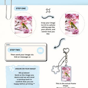 May include: A guide for photo cropping, featuring a paperclip, a bird on a flowering branch, and a keychain with a similar image. Text includes "Medium Rectangle Photo Cropping Guide" and instructions for cropping and sending images.