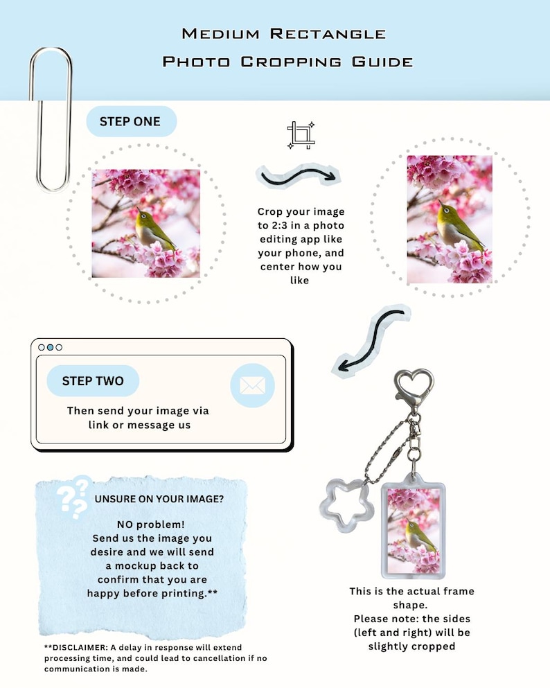 May include: A guide for photo cropping, featuring a paperclip, a bird on a flowering branch, and a keychain with a similar image. Text includes "Medium Rectangle Photo Cropping Guide" and instructions for cropping and sending images.