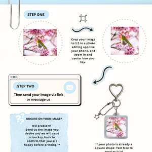May include: A square keychain photo cropping guide infographic. It features instructions for cropping images to a 1:1 ratio, sending files via message, and a visual example of a square keychain with a heart-shaped ring and a small star charm.