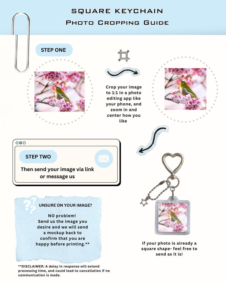 May include: A square keychain photo cropping guide infographic. It features instructions for cropping images to a 1:1 ratio, sending files via message, and a visual example of a square keychain with a heart-shaped ring and a small star charm.