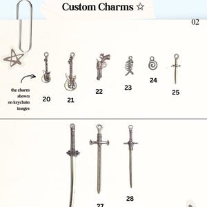 May include: A selection of silver-colored custom charms, including guitars, a revolver, a fish skeleton, a spiral, and swords. The text "Custom Charms" is displayed at the top of the image.