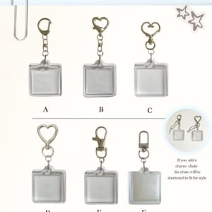 May include: A display of six silver-toned metal keychains labeled A through F, each featuring a clear square acrylic charm. The clasps vary in shape, including circular, heart-shaped, and rectangular designs. Text reads Custom Clasps and lucky dream.