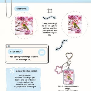 May include: A large rectangle photo cropping guide infographic featuring instructions for a custom keychain. It includes a step-by-step process, a visual example of a bird in cherry blossoms, and a heart-shaped keychain with a rectangular frame.