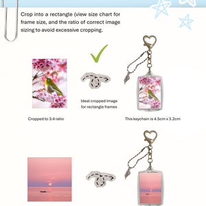 May include: Large rectangle keychains with a heart-shaped ring and a leaf charm. The keychain measures 4.5cm x 3.2cm. The image displays examples of cropped photos featuring a bird in cherry blossoms and a sunset over water, with instructional text.