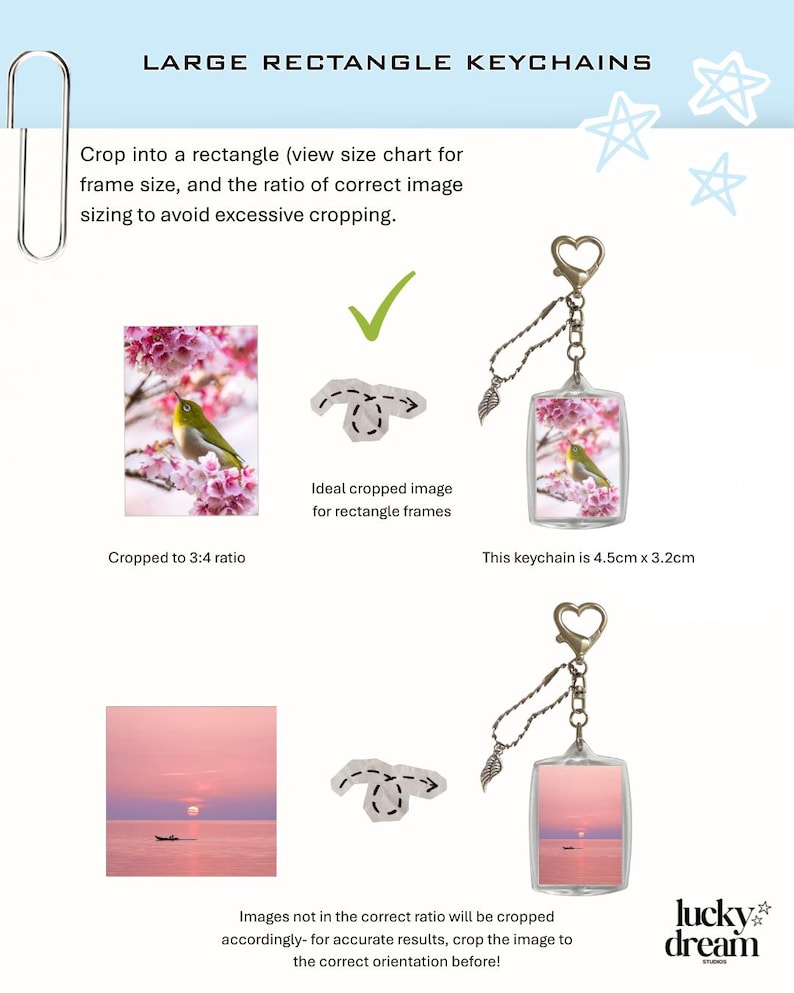 May include: Large rectangle keychains with a heart-shaped ring and a leaf charm. The keychain measures 4.5cm x 3.2cm. The image displays examples of cropped photos featuring a bird in cherry blossoms and a sunset over water, with instructional text.