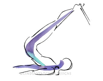 May include: A black line drawing of a person doing a yoga pose with purple and blue watercolour washes.