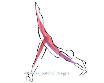 May include: A black line drawing of a person doing a yoga pose with red and purple watercolor accents. The person is in a forward bend with one leg extended straight up in the air.