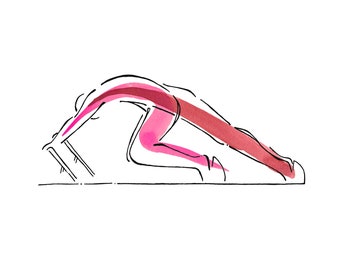 May include: A line drawing of a person in a yoga pose, with pink and red watercolour accents.
