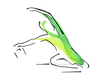 May include: A watercolor illustration of a person in a yoga pose. The person is outlined in black ink and the background is filled with green and yellow watercolor.