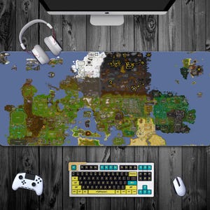 Tapis de souris gaming XXL, carte du monde Runescape Oldschool, grand tapis de bureau Runescape, tapis de bureau Gamer Long Jagex, cadeau pour joueur, MMO, Andrew Gower