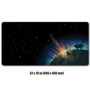 May include: A black and blue galaxy-themed mousepad with a campfire scene and a small spaceship in the distance. The mousepad measures 32 x 16 inches (800 x 400 mm).