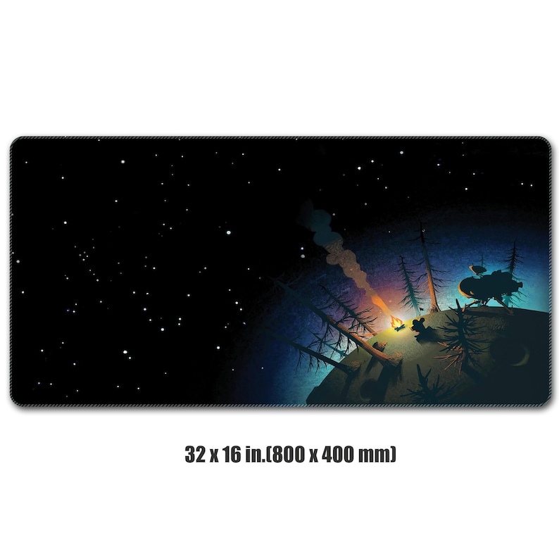 May include: A black and blue galaxy-themed mousepad with a campfire scene and a small spaceship in the distance. The mousepad measures 32 x 16 inches (800 x 400 mm).