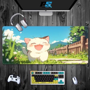 Happy cat on afternoon walk Mouse Pad XL, Cute Desk Pad Large, Kawaii Kitten Desk Mat, Gift For Daughter, Gift For Girlfriend, Adorable