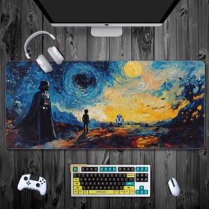 ゴッホの絵画の上のダース・ベイダーのマウスパッド、クールなデスクパッド、スターウォーズデスクマット、TCGプレイマット、スターウォーズギフト、星月夜、美的ギフト