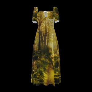 May include: A long, yellow and green dress with a forest scene print. The dress has a square neckline and short puff sleeves.