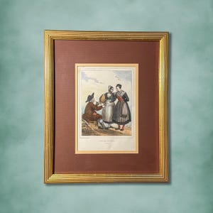 Vintage French Costume Framed Print Wall Art – Double Matted 19th Century Hand-Colored Lithograph Print
