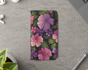 Midnight Garden Wallet Phone Case - Aesthetic Wildflower Cover - Elegant Faux Leather Flip Cover with Card Holder