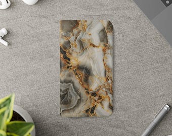 White Black Marble Patterned Wallet Phone Case - Elegant Faux Leather Flip Cover with Card Holder