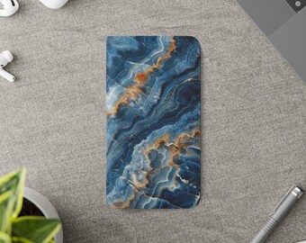 Blau Marmor gemusterte Brieftasche Handyhülle - Elegante Klapphülle aus Kunstleder mit Kartenhalter