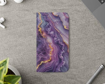 Purple Marble Patterned Wallet Phone Case - Elegant Faux Leather Flip Cover with Card Holder