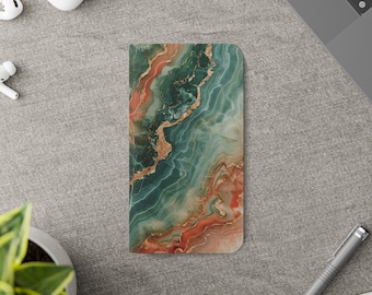 Green Marble Patterned Wallet Phone Case - Elegant Faux Leather Flip Cover with Card Holder