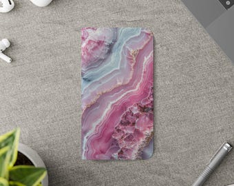 Pink Marble Patterned Wallet Phone Case - Elegant Faux Leather Flip Cover with Card Holder