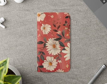 Daisy Floral Wallet Phone Case - Vintage Red Wildflower Cover - Elegant Faux Leather Flip Cover with Card Holder