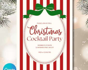 May include: A Christmas Cocktail Party invitation with a festive design. It features red and white vertical stripes, a green bow, and an oval frame with the words "Christmas Cocktail Party". Includes date, time, and RSVP details.