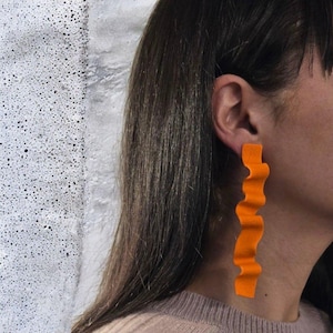 Orange Wavy Polymer Clay Dangle Earrings | Abstract Ribbon Style