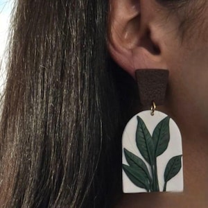 Green Leaf Print Polymer Clay Arch Earrings | Brown Top Dangle