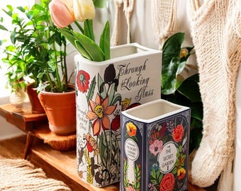 Porcelain Book Vase | Secret Garden & Through the Looking Glass Vase | Unique Home Decor | Dorm Decor | Unique Gift for Her